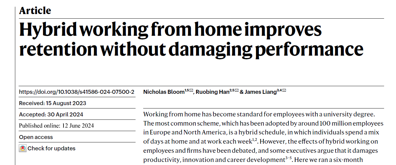 梁建章联合学者Nature发文：混合办公使员工离职率下降三分之一